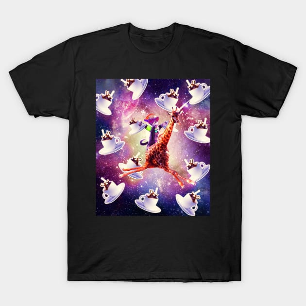 Rave Space Cat On Giraffe Unicorn - Coffee T-Shirt by Random Galaxy